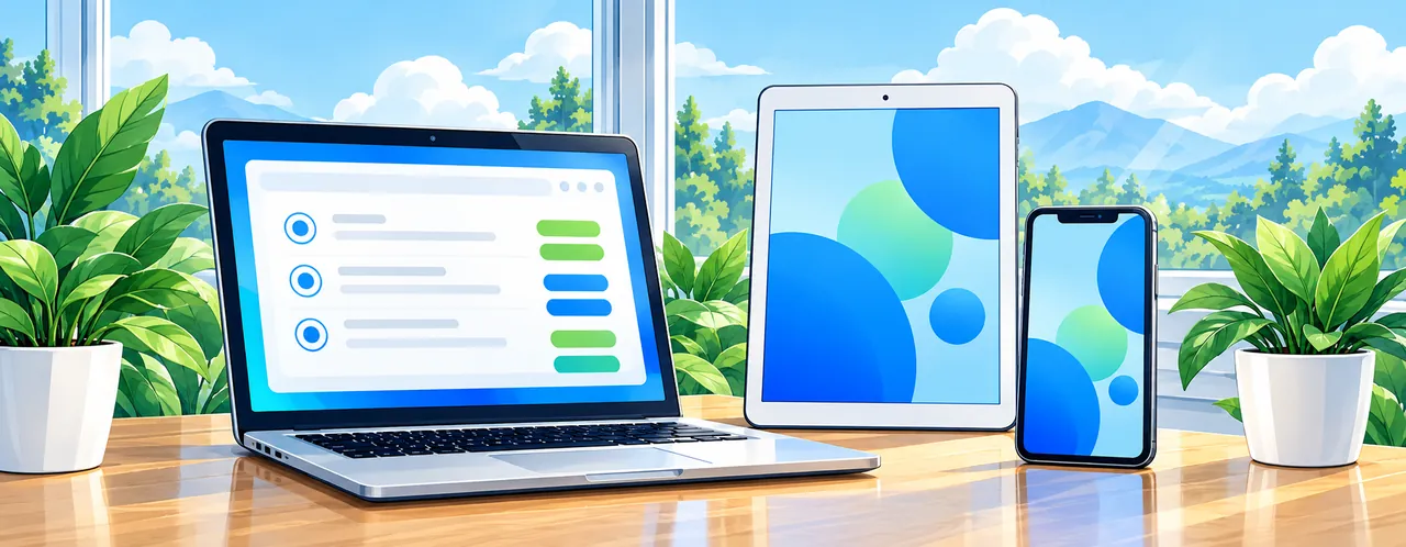 Laptop, tablet and phone each running a newsreader