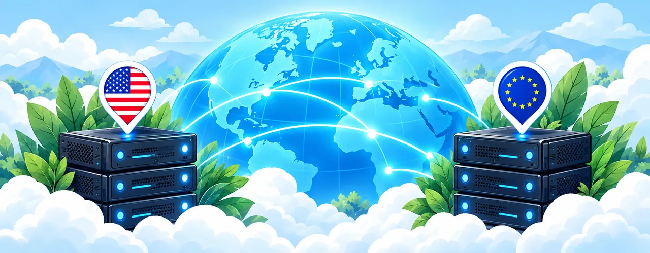 US and EU server locations linked around a globe
