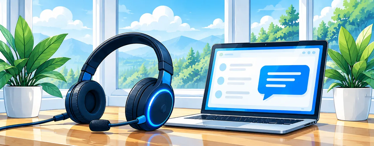 Support headset next to a laptop showing a reply message